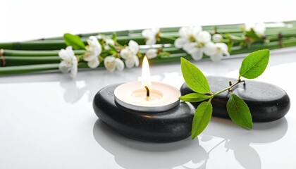 Calm scene with candle, stones, bamboo and blossoms