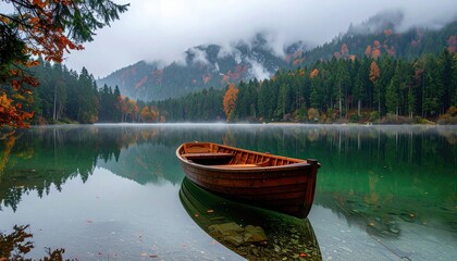 Tranquil autumn lake scene with wooden boat