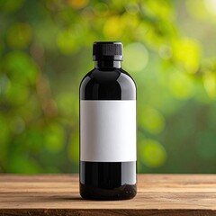 Black bottle with blank label, natural backdrop