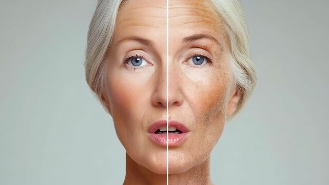 Close up mature woman face showing digital skin texture transforming aged to rejuvenated with smooth clear complexion blue eye light hair wrinkle