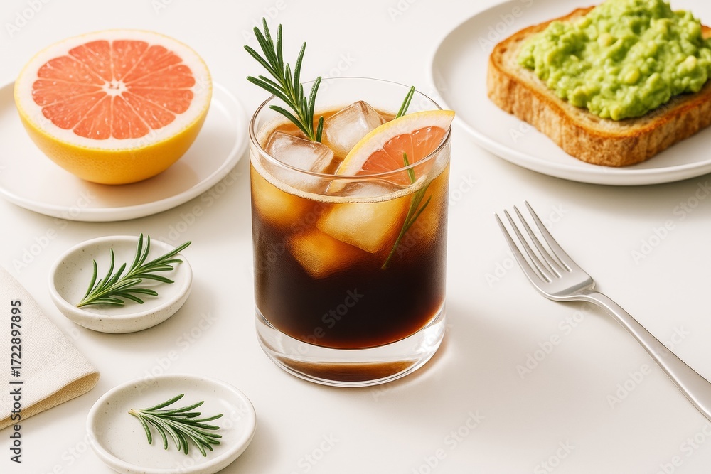 Poster iced black coffee with grapefruit slice and rosemary sprigs served with avocado toast and grapefruit