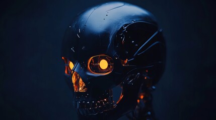 Futuristic robotic skull with glowing orange eyes against dark background, ideal for sci-fi, horror, and gaming designs