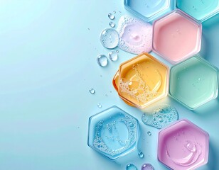 Pastel-hued hexagonal containers with liquid and bubbles