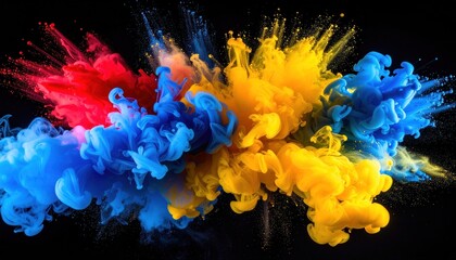 Vibrant cloud of red, blue, and yellow powder bursts outward against a deep black background, creating dynamic, colorful swirls and waves