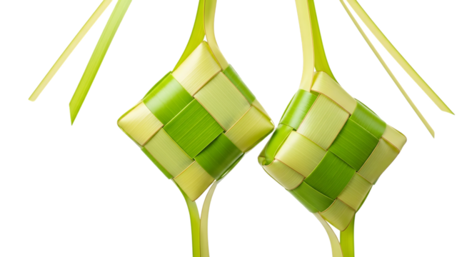 Two Diamond- Shaped Ketupats Made of Woven Palm Leaves Hanging on Black Background ketupat nasi ketupat daun