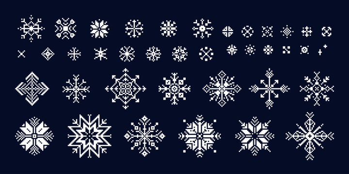 Set of pixel art snowflakes, retro icons. Collection of 8 bit various winter elements, ornate ice crystals, y2k style. Decoration for Christmas, New Year designs, greeting cards.