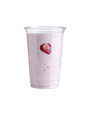 Pink strawberry smoothie in clear plastic cup with lid, featuring a single strawberry slice near the surface