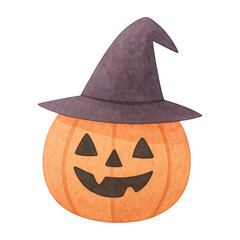 PNG Smiling pumpkin wearing witch hat.