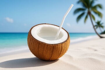 Fresh coconut water with straw on tropical beach sand under bright sunlight, palm tree and ocean in background, summer vacation concept. Ai generative