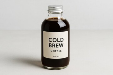 Minimalist cold brew coffee bottle with modern label design on a light gray background showcasing creative beverage packaging concept. Ai generative