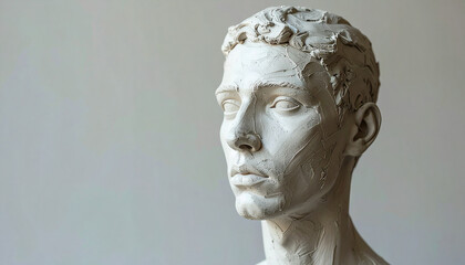 Unfinished clay sculpture of human figure,, solid background for clarity and emphasis. Close-up.