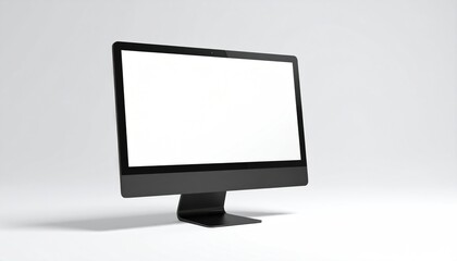 Black, sleek desktop computer with a blank white screen, angled slightly on a white surface, modern aesthetic