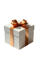 Obraz premium A pristine white square gift box adorned with a sophisticated copper-toned ribbon, tied in a classic bow