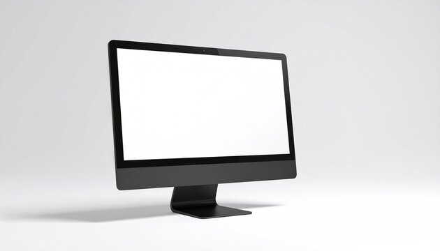 Black, sleek desktop computer with a blank white screen, angled slightly on a white surface, modern aesthetic