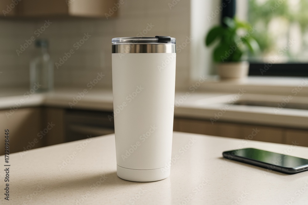 Poster minimalist white tumbler mockup on kitchen counter with smartphone beside it for clean branding pres