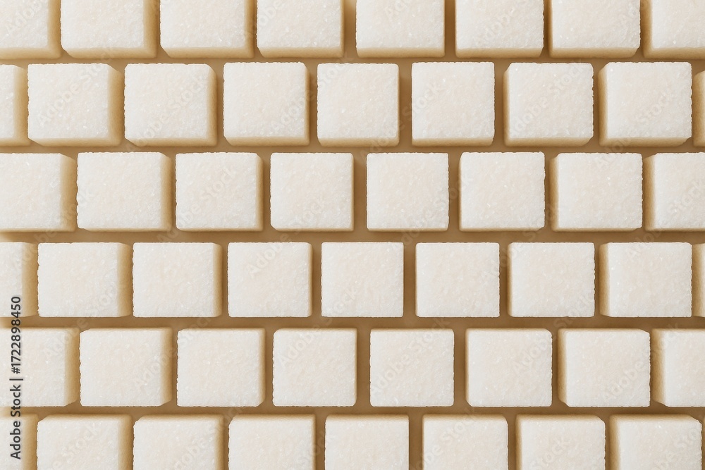 Poster abstract background of evenly spaced white sugar cubes arranged in a grid pattern on a light brown s