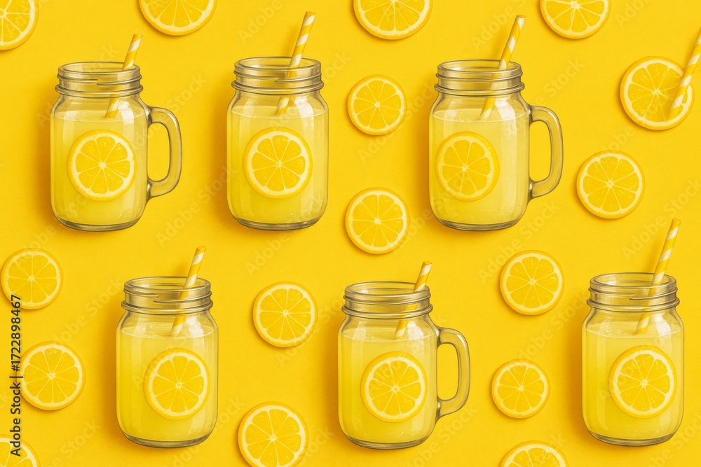Poster pattern of mason jars with lemonade and lemon slices on vibrant yellow background in creative light 