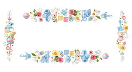 Colorful Baby Shower Frame with Soft Pastel Toys Flowers and Blocks for Newborn Celebration