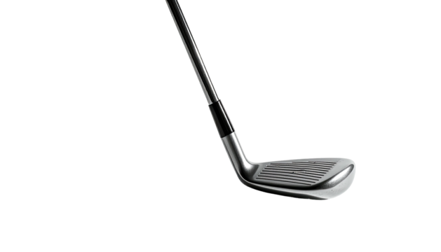 Close-up of a golf club iron, showing a smooth, metallic head and a dark shaft