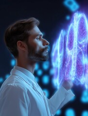 Man in a white lab coat, standing in front of a dark background with blue and purple lights. he is looking up at a large, glowing image of a human brain in his hand.