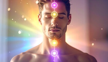 A focused male figure, eyes closed, radiating energy and visualized chakra points from head to torso. Glowing effects, ethereal lighting, and bokeh create a sense of mindfulness