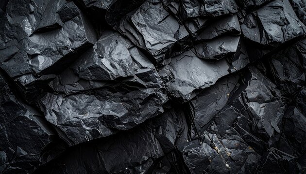 Jagged, dark grey rock formations create an abstract geological texture, showing sharp edges and varied angles in natural stone