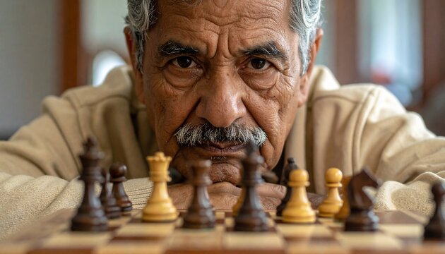 Una persona senior sentado frente a un tablero de ajedrez mientras piensa la siguiente jugada. Salud mental, estrategia, inteligencia