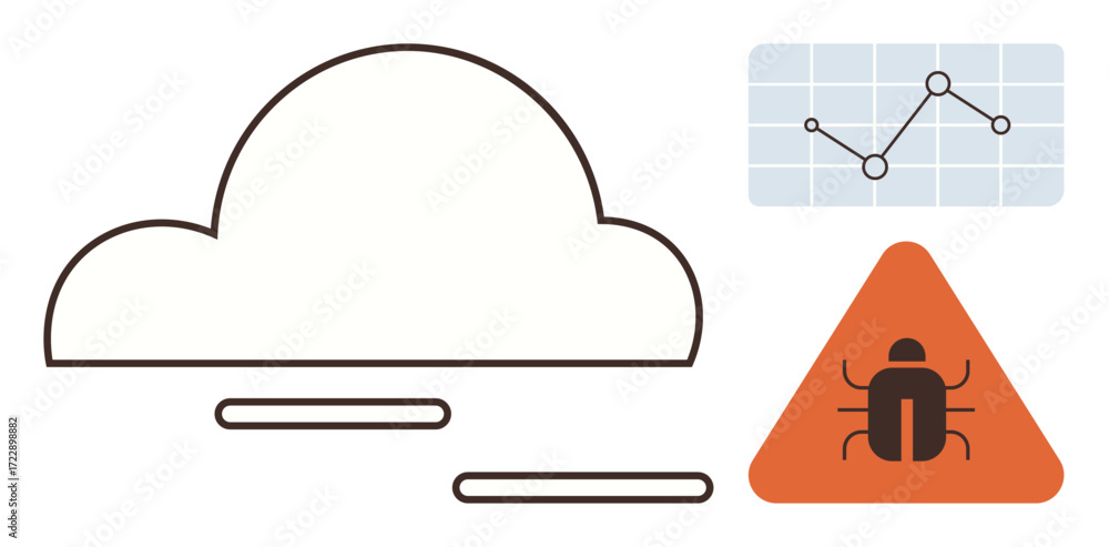Poster cloud connection with data chart and bug alert triangle highlighting analytics and system vulnerabil