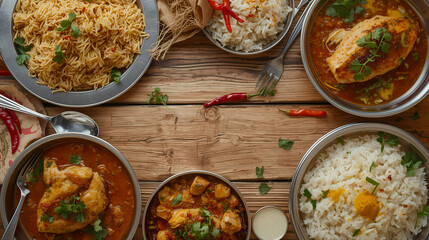 Culinary Display: A tempting display of diverse Indian dishes and components is set out on a rustic wooden tabletop, perfect for food photography. 