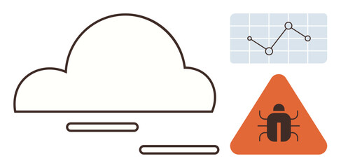Cloud connection with data chart and bug alert triangle highlighting analytics and system vulnerabilities. Ideal for IT management, cybersecurity, cloud computing, data safety, software development