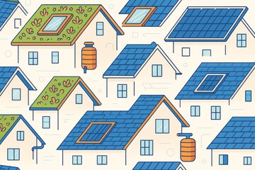 Fototapeta premium Eco-friendly suburban houses with solar panels, green roofs, and water tanks in seamless pattern on light background. Sustainable living concept. Ai generative