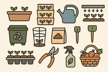 Gardening tools and illustrations of seedlings, watering can, and compost bin