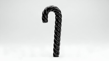 A single, glossy black licorice candy cane with a twisted spiral design, isolated against a stark, clean white background, casting a soft shadow