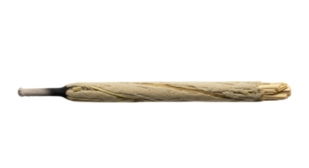 Unlit, hand-rolled artisanal incense stick with dark charcoal tip and pale wood body, horizontally on transparent background with soft shadow. Concept of natural purity and relaxation