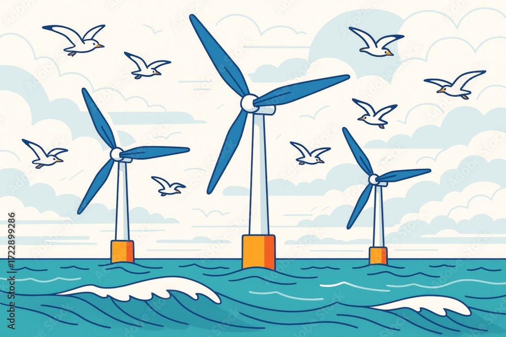 Poster offshore wind turbines with flying seagulls and ocean waves under a cloudy sky in creative light bac