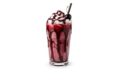 A decadent black cherry milkshake in a tall glass, adorned with whipped cream, a dripping chocolate glaze, and a cherry, isolated on a clear white background