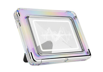 A sleek, iridescent translucent acrylic futuristic digital picture frame with polished chrome, glowing frameless display, isolated on a transparent background, concept of cutting-edge innovation