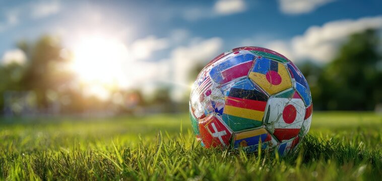 The vibrant soccer ball resting on lush green grass under the sunlight.