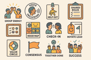 Collaborative teamwork icons highlighting voice inclusion and shared roles