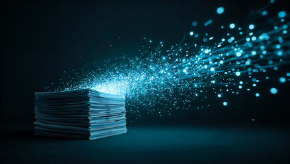 A stack of meticulously rendered papers transforming into a dynamic AI algorithm, with smooth connected sheets and glowing elements, set against a softly blurred background emphasizing motion