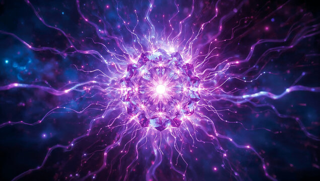 Crystalline multifaceted core glowing with soft white light, transforming into vibrant violet and magenta luminous tendrils, symbolizing an evolving AI algorithm, neural pathways, and dynamic digital 