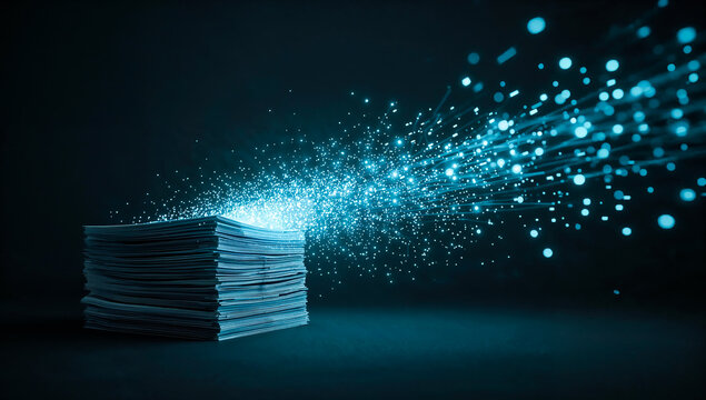 A stack of meticulously rendered papers transforming into a dynamic AI algorithm, with smooth connected sheets and glowing elements, set against a softly blurred background emphasizing motion