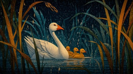 Swan family in a rainy marsh