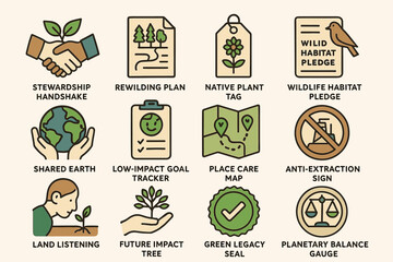 Environmental icons: sustainability, rewilding, native plants, wildlife habitat, earth conservation