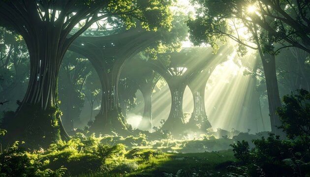 Sunlit, mystical forest - Powered by Adobe