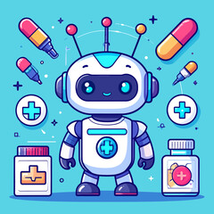 Charming AI medical assistant robot surrounded by healthcare essentials, symbolizing innovation in digital health, smart medicine, and the future of pharmaceutical support