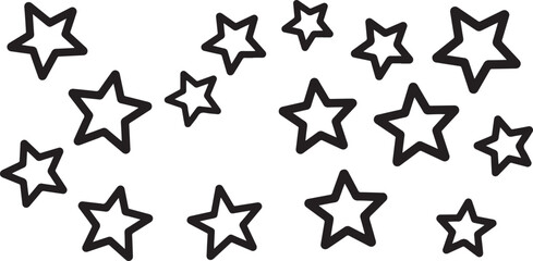 Black Outline Stars of Various Sizes Scattered on a White Background