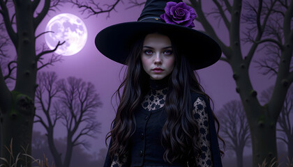 Portrait of a beautiful young witch in a dark enchanted forest. 