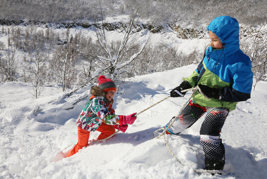 Group of children playing on snow in winter time - Powered by Adobe
