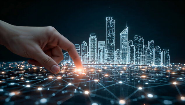 Futuristic smart city with a human hand interacting with a glowing digital network, activating data flow, surrounded by dark skyscrapers and holographic wireframe buildings illuminated in blue